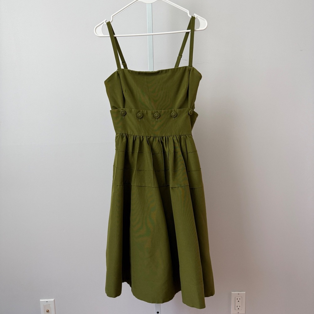 Maeve Cotton Silk Academia Quirky Lagenlook Babydoll Fit Flare Dress 2 Green